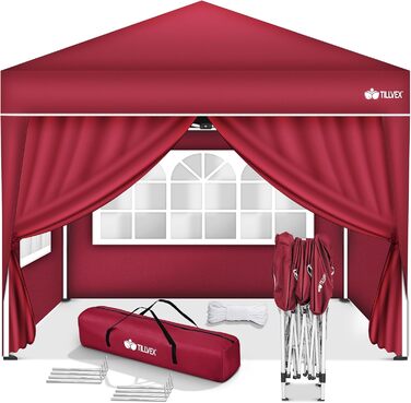 Waterproof Gazebo | Pop-Up Folding Gazebo, Adjustable Height | Garden Tent UV Protection 50+ | Party Tent with Bag for Garden (3x3m - with 4 Side Walls, Red)
