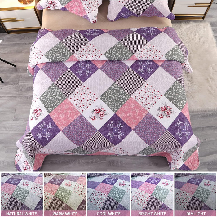 Qucover Комплект ковдри та покривала на двоспальне ліжко 220x240 см/230x250 см, стеганий, квітковий принт, фіолетовий