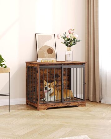 Hzuaneri Modern Wooden Dog Crate Furniture - Indoor Dog Box with Sliding Doors for Small/Medium Dogs - 81cm Height, 55x81x67.5cm, Vintage Brown DFC83601B