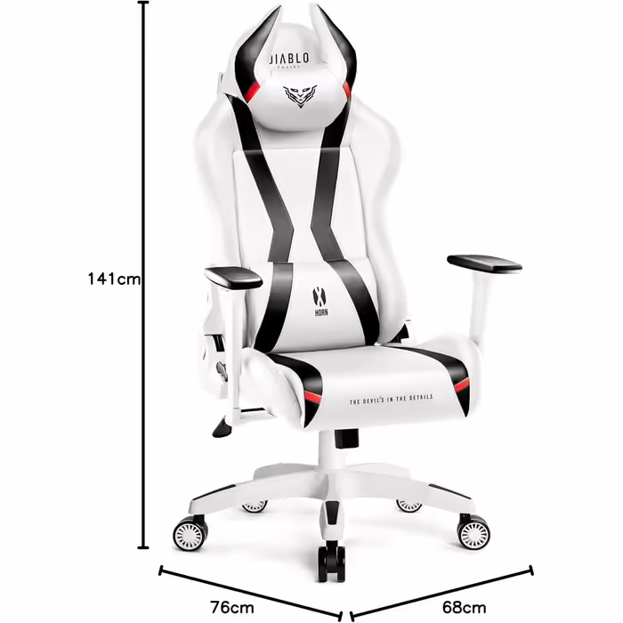 Ігрове крісло Diablo X-Horn 2.0 King (XL), біле, ергономічне, 3D підлокітники, офісне, з подушками для шиї та попереку, екошкіра, гойдалка