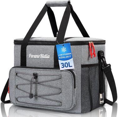 Cooler Bag - Large Foldable for On-the-Go, Insulated Bag/Thermos Bag/Cooler Bag for Food & Drinks, Portable Cooler Box for Camping, Beach, BBQ, Grilling, Picnic, Hiking, Shopping, Grey (30L)