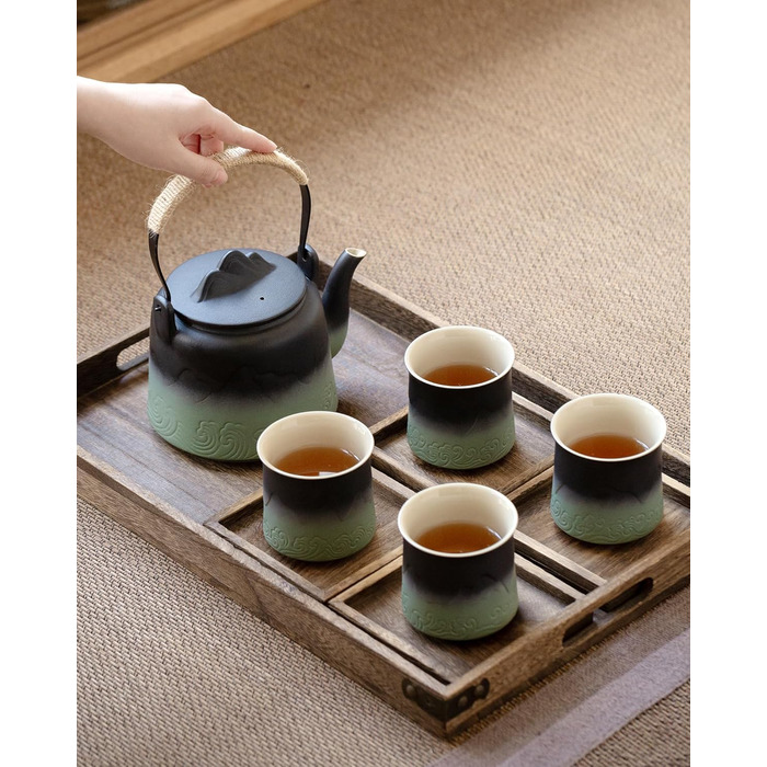 ZENS Design Japanese Teapot, 1000ml Gradient Embossed Japanese Teapot Ceramic with Built-in Strainer and Hemp Rope Handle for Loose Tea Steeper, Gift for Tea Lovers, Black & Bean Green (Black & Bean Green, 1000ml Teapot & 4 of 200ml Cups)