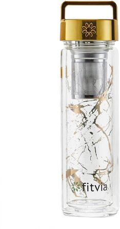 Термопляшка Fitvia 380 мл з подвійними стінками, мармуровий дизайн, сито для чаю, зручна ручка (Золотий мармур)