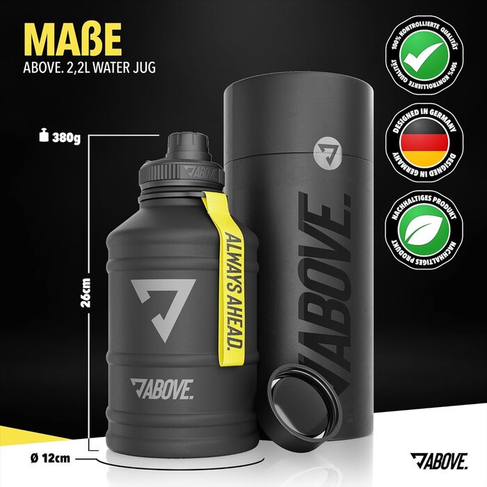 Фляга спортивна металева 2.2 л ABOVE Edelstahl - BPA-free, герметична, міцна - для фітнесу, спорту, туризму, подарункова коробка, чорна