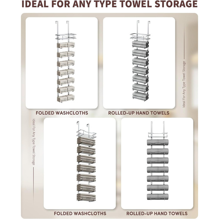 Настінний тримач для рушників у ванну кімнату, без свердління, 6-ярусна наддверна полиця для рушників, багаторівневий тримач для рушників на двері, для компактних ванних кімнат (срібний, 8 ярусів)