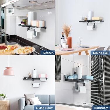 Настінний тримач для туалетного паперу з полицею, багатофункціональний, обертовий, з нержавіючої сталі, чорний мат. Підходить для ванної кімнати, кухні та пральні.