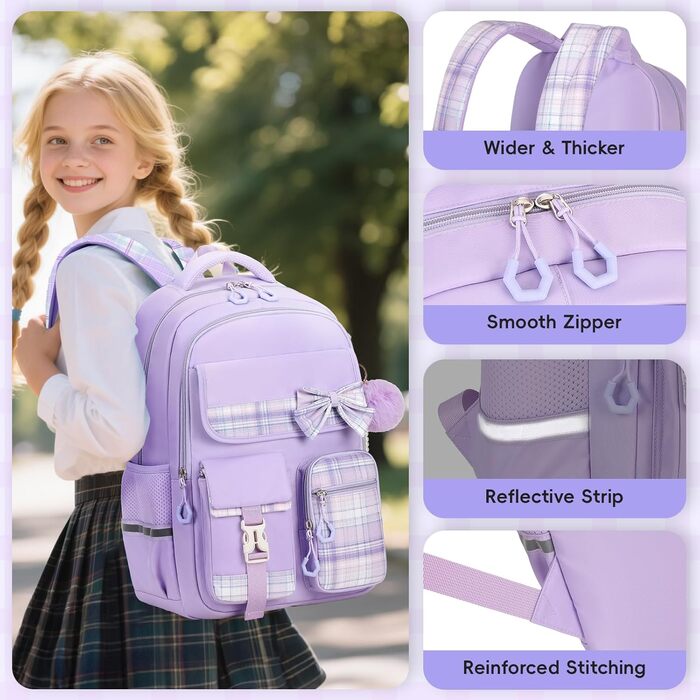 Шкільний рюкзак Tanou для дівчаток, водонепроникний, з ручкою-телескопом, візерунок 'каваї', 9-16 років (фіолетовий)