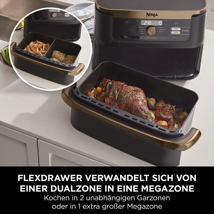 Ninja Foodi FlexDrawer Dual Zone Air Fryer - 7-in-1 with Removable Divider, Non-Stick Coating, Dishwasher Safe Basket, Black & Copper, AF500EUCP