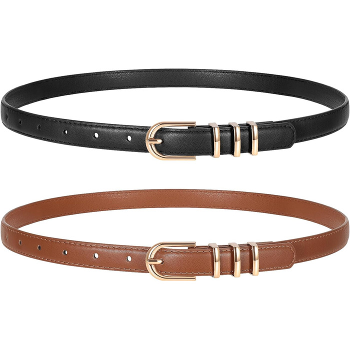 Жіночі шкіряні ремені WERFORU (2 шт.) для джинсів та штанів. Тонкий ремінь з золотою пряжкою. Довжина 110 см, підходить на талію 80-92 см (чорний+коричневий)