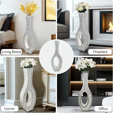Ваза для квітів напольна 68 см, срібна ваза з кристалом для пампас трави, скляна ваза з дзеркальними діамантами, декоративна розкішна блискуча ваза для вітальні, декор інтер'єру – не для води (13L x 12.5B x 76.5H cm)