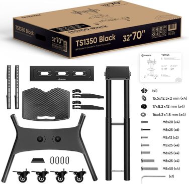 ONKRON Mobile TV Stand with Wheels - Adjustable Height & Tilt for 32-70 inch TVs (up to 45kg) - VESA 600x400 - Black