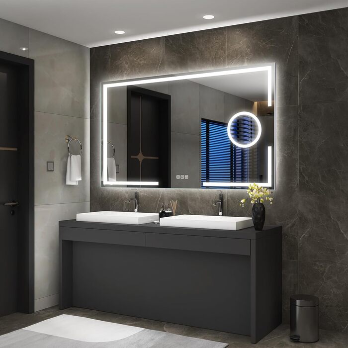 Дзеркало для ванної кімнати S'bagno з підсвічуванням 100x70 см, 5x збільшення, LED, алюмінієва рама, протитуманне покриття, 3 кольори, диммування, пам'ять, HD скло, IP44, без Bluetooth