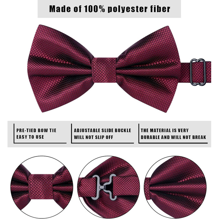 Метелик HISDERN для чоловіків з кишеньковим хустинкою, однотонний, регульований, для смокінгу, весілля, вечірки, колір бордовий