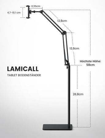 Підлоговий стійка-холдер Lamicall для планшетів та iPad (4,7-13 дюймів), регульована висота та кут нахилу, поворот на 360°, посилена основа 2.2 кг, чорний