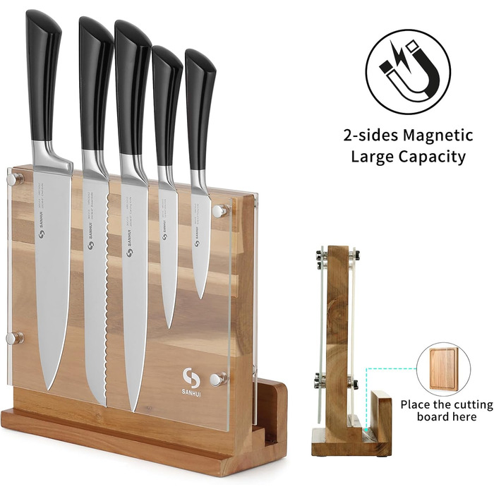 SANHUI Natural Acacia Wood Knife Block, Elegant and Practical Double-Sided Magnetic Knife Holder, Convenient and Durable, Perfect for Kitchen Knife Display