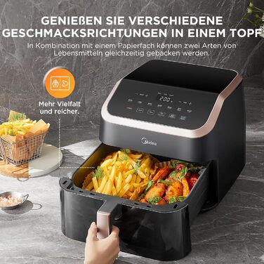Аерофритюрниця Midea XXL 9 л, 8-в-1, без олії, до 200°C, для грилю, випічки, смаження, дегідрації, розігріву, підтримки тепла, з рецептурником, підходить для посудомийки