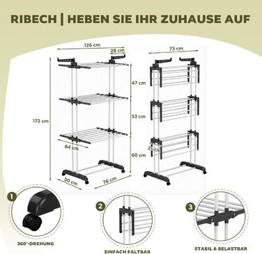 Сушарка для білизни Tower з колесами | 4-ярусна сушарка з нержавіючої сталі з 6 відкидними крилами та 2 боковими сторонами | 76x50x172 см | Компактна, складна для балкона, ванної кімнати та саду | Чорний