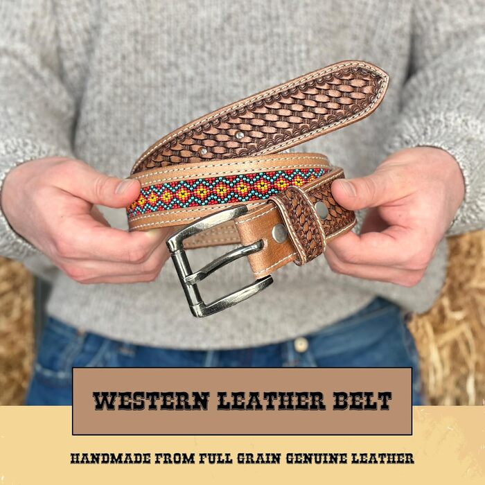 Чоловічий шкіряний ремінь Daniel's Artplanet з повного зерна, ручної роботи, з перлами, ковбойський ремінь з знімною пряжкою, 3.8 см (36 розмір, підходить на 34-й джинсовий розмір), коричневий