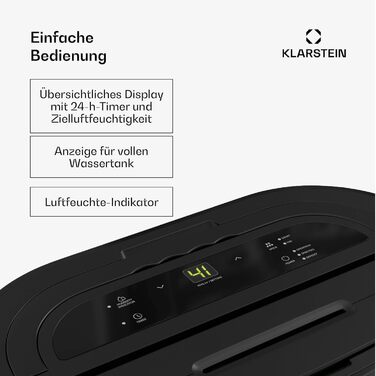 Електричний осушувач Klarstein AeroDry Smart 12 л - 12 л/день, 2.5 л резервуар, 39 дБ, WiFi/App/Alexa, LED дисплей, таймер 24 год, вугільний фільтр, для приміщень до 18 м², чорний