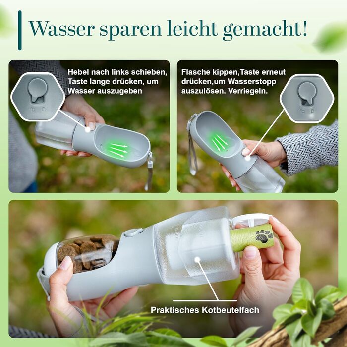 Поїлка для собак на прогулянці 300 мл - 3-в-1 (поїлка та миска) | Без витоку, BPA-free, з функцією повторного наповнення | Вода для маленьких та середніх собак сірого кольору 300 мл