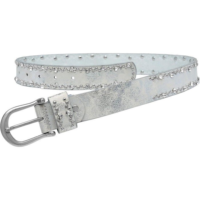 Жіночий ремінь Caspar GU292 сріблястого кольору з непомітним декором зі страз та заклепок, розмір 105-115 см