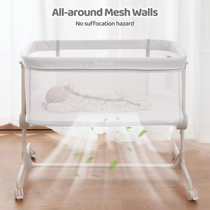 Ezebaby Bedside Sleeper, 2-in-1 Baby Bed from Birth up to 9 kg, Co-Sleeper with 7 Height Adjustments, Includes Mattress/Foldable Side Rail/Wheels, Mesh Fabric Crib (Dark Grey)