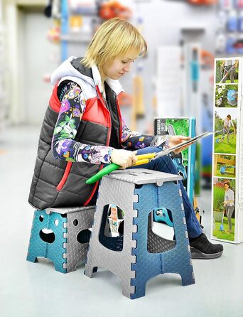 Складний стілець Stark – стілець-табурет, 120 кг, з ручкою, антиковзкий для кухні, ванної, саду та майстерні, компактний (сіро-блакитний), 27 см