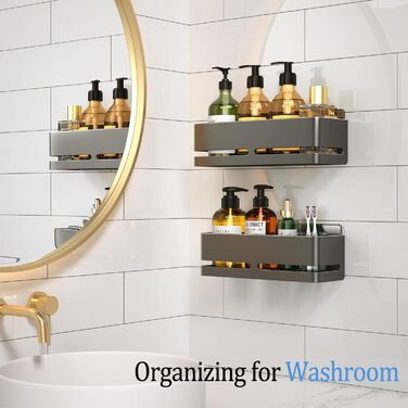 Настінна полиця для ванної кімнати (5 шт. в наборі) з мильницею та тримачем для зубних щіток, без свердління, для ванної та кухні (сірий) (сірий - 2 яруси)