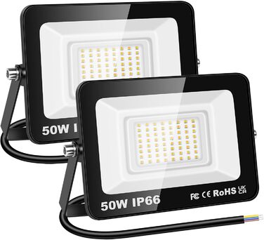 RIGIDON 2x 75W LED Floodlights Outdoor, 7500LM Outdoor Floodlight, 3000K Warm White IP66 Waterproof LED Floodlight, Outdoor Lamp for Garden, Courtyards, Garage, Hotel, Sports Field, Workshop (2 x 50W)