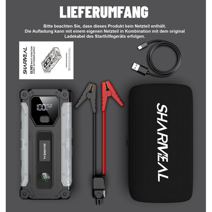 Powerbank для авто SHARMEAL 6000A: пусковий пристрій, 12V, LCD, LED, для бензинових та дизельних авто (до 10.0 л)