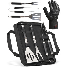 HORUS 23 Набір аксесуарів для гриля – 4 предметний набір: щипці, лопатка, виделка та термостійкий рукавичка