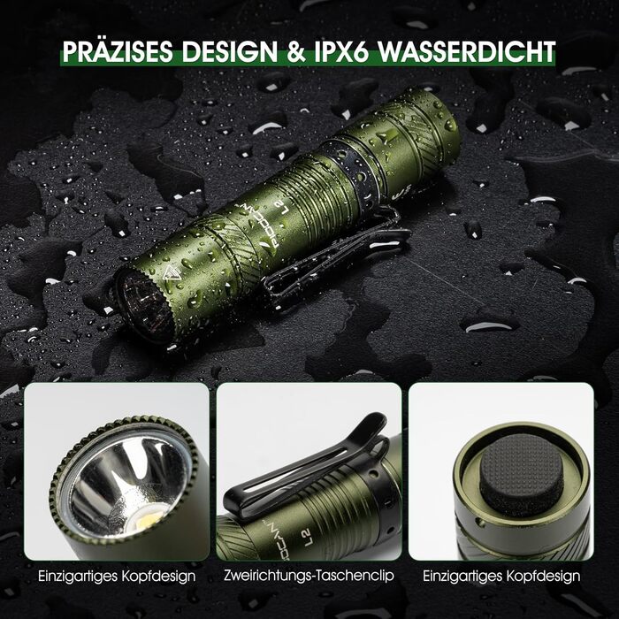 LED ліхтарик Klein 1200 люменів, перезаряджається, 4 режими, зелений. Ідеально для кемпінгу, риболовлі, ремонту та надзвичайних ситуацій