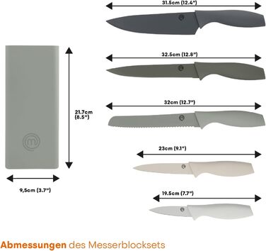 MasterChef 5-Piece Knife Block Set - Stainless Steel Kitchen Knife Set with Chef's Knife, Santoku, Bread Knife, Utility Knife & Vegetable Knife - Sharp, Black Soft-Touch Handles