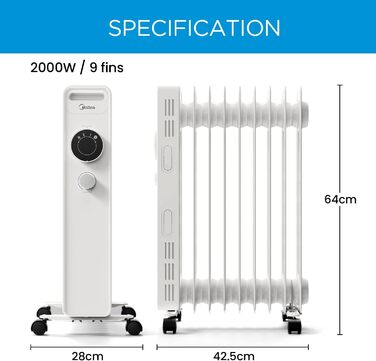 Радіатор масляний Midea 2000W, енергозберігаючий, тихий, з 9 ребрами, термостатом, 3 режими, захист від замерзання, LED дисплеєм, захистом від перекидання та перегріву, ECO-режим