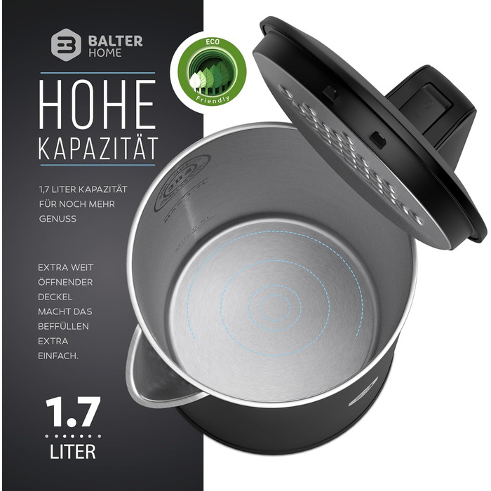 Balter Stainless Steel Kettle WK-4, 1.7 Liter, Electric Kettle, Double-Walled Design, BPA Free, LED, Compact Tea Kettle, Quiet (Black)