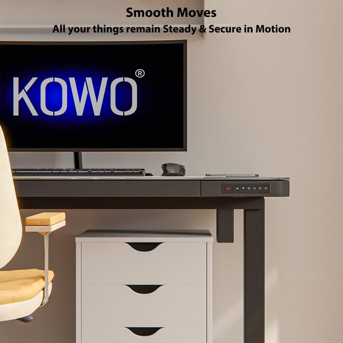 Електричний регульований стіл KOWO 1.2 м з бездроговою зарядкою та USB-хабом, стільниця з ударостійкого скла, чорний