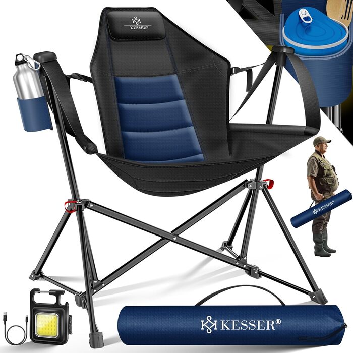 Крісло-гойдалка KESSER® для кемпінгу, риболовлі та пляжу, 160 кг, з підсвіткою та тримачем для напоїв, сіре (темно-синій/чорний)
