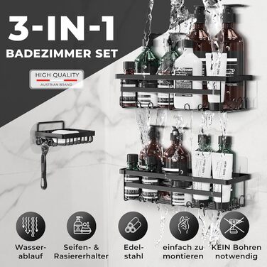 Настінна поличка для душу без свердління - тримач для шампуню та аксесуарів | Нержавіюча сталь | Набір з 3 поличок | Чорний колір