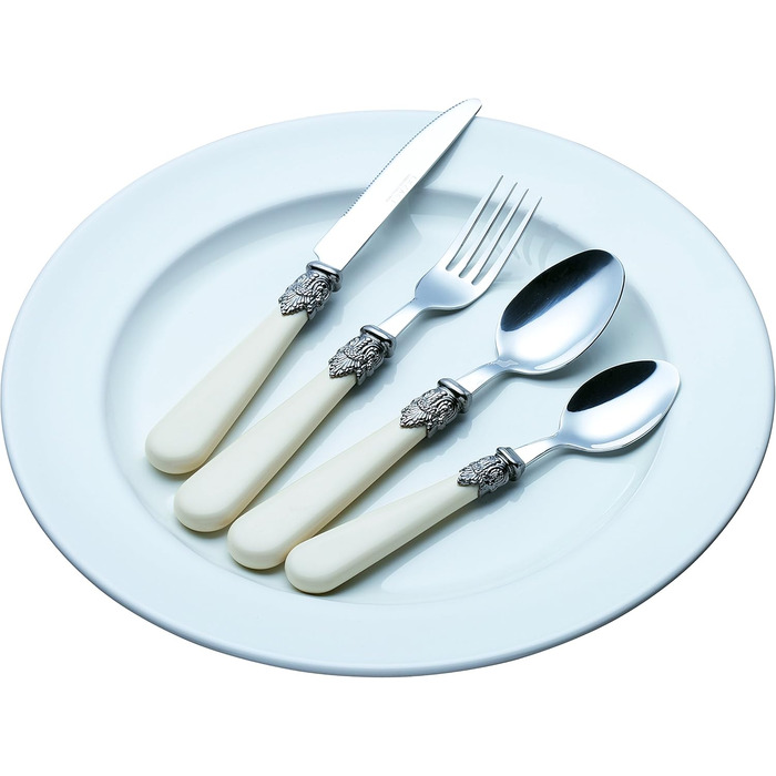 EXZACT Ivory Cream Flatware Set, 24 Pieces, Stainless Steel with Detailed Handle, Traditional, Elegant, Vintage Style/Antique (WF28-24CRM)