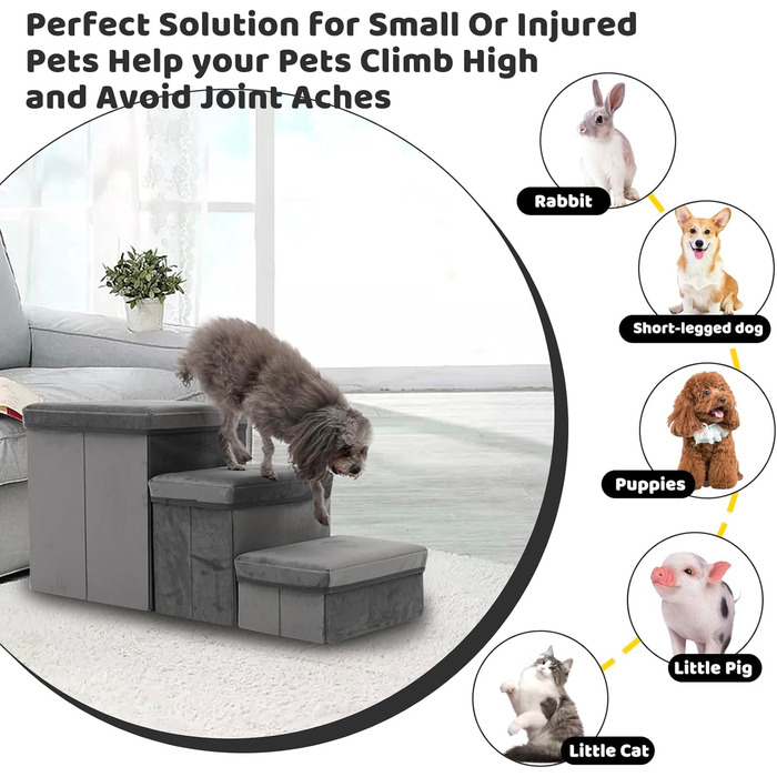 Сходинки для собак на 3 сходинки, 44 см, з місцем для зберігання. Підходить для маленьких собак та котів, зручні для літніх тварин (сірий)
