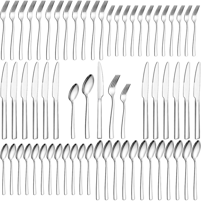 60-Piece Cutlery Set for 12 People, Wildone Premium Stainless Steel Highly Polished Cutlery Set, Durable for Home Kitchen Use, Including Fork, Knife, and Spoon Set