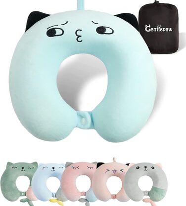 Дитяче подушечка для шиї з меморі-піною, U-подібна форма, з милим дизайном тваринки, для подорожей (літак, авто, поїзд), знімний чохол (блакитний)