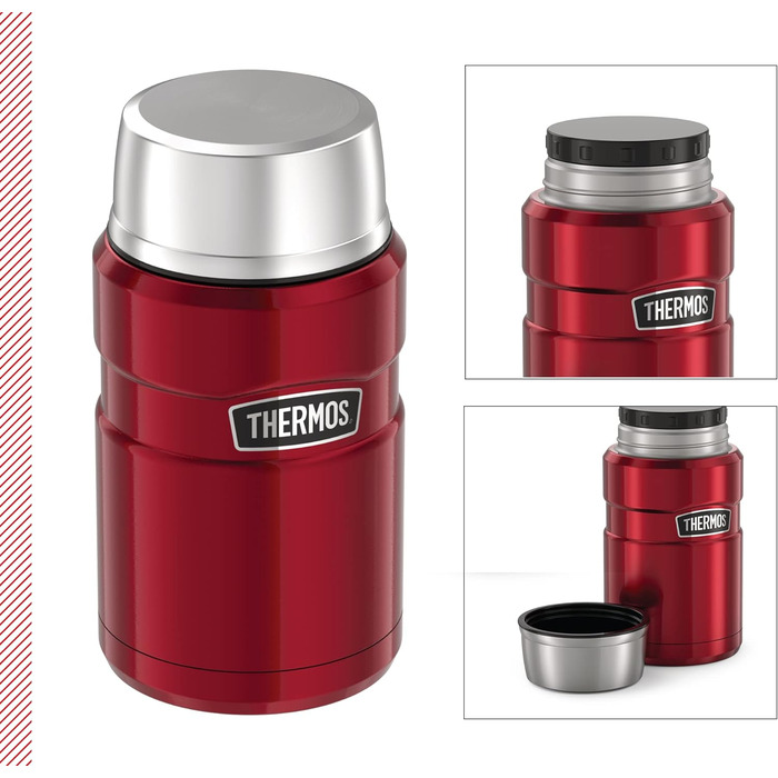 Thermos STAINLESS KING FOOD JAR 0.71L, Cranberry Red. Stainless steel food container, 14 hours hot / 24 hours cold, absolutely leak-proof for soup, muesli, stew. Large food Thermos container, dishwasher safe, 710 ml (no spoon included). More content, Cranberry Red.