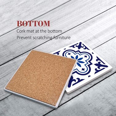 Coasters for drinks, 6 pieces, yellow lemon, fruit, blue ceramic tiles, pattern, absorbent, square, ceramic stone mat, with cork bottom and metal holder, housewarming gift, (Blue Ceramic)
