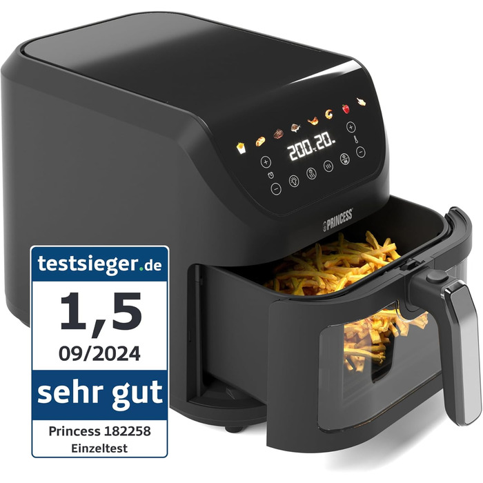 Princess SlimFry Hot Air Fryer 8 L, space-saving, fat-free cooking technology, 8 programs, viewing window, powerful (2000 W) and quiet operation (55 db), Black, Airfryer 01.182258.01.001 COMPACT, SLIM DESIGN 8L