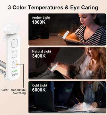 LED-лампа для читання Gritin з кліпсою, перезаряджувана, 7 LED, 3 колірні температури, регулювання яскравості, 5 режимів, довга робота, білий колір