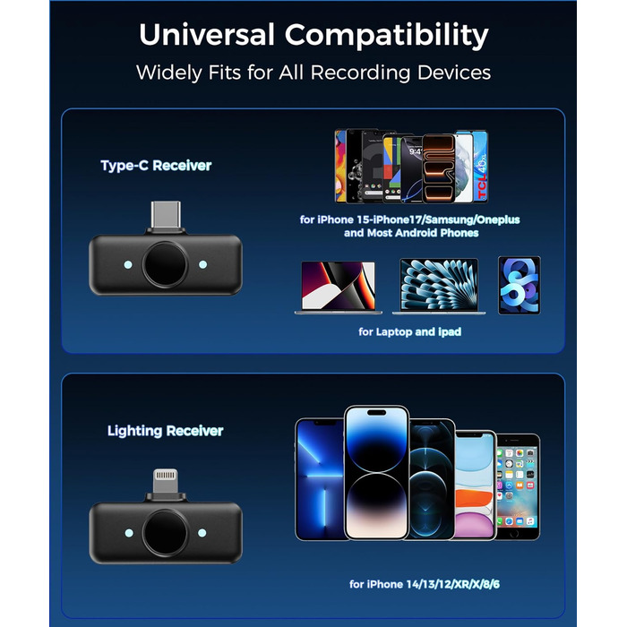 Мікрофон-петличка Aceele бездротовий для iPhone/Android/планшетів/ПК, Hi-Fi звук, шумозаглушення, 24 години роботи, радіус дії 50м, мініатюрний мікрофон для відео/стрімінгу/влогів/подкастів/інтерв'ю з кейсом для зарядки