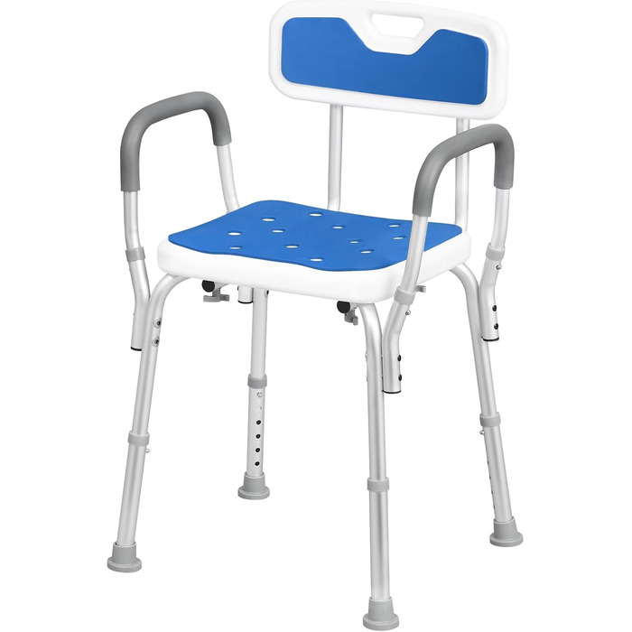 EUGAD Shower Chair, Shower Stool for Seniors, with Armrests and Backrest, Height Adjustable 6 Levels, 40 cm-54 cm, Non-Slip Shower Seat, Stable Bath Seat, Made of Aluminum and Plastic, White and Blue
