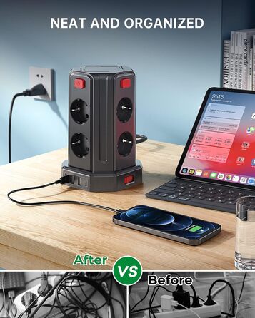 Мережевий фільтр Sameriver з 4 USB, 8 розеток, захистом від перенапруги, вимикачем та 2м кабелем, чорний