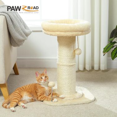 PAWZ Road Cat Tree, Tall Cat Scratching Post for Indoor Cats with Super Thick Scratching Post [Dia=14cm], Detachable Fluffy Cat Bed, Cat Scratching Post with Feather Ball, Beige